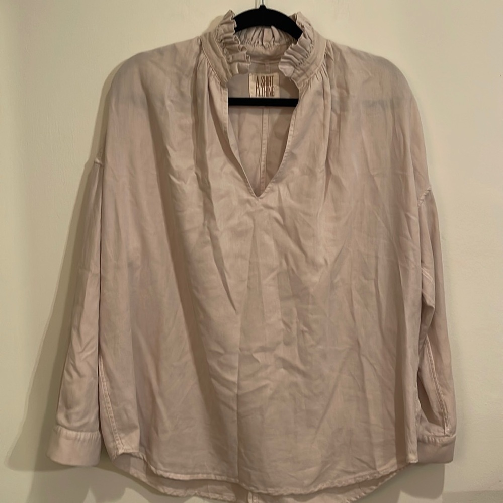 A Shirt Thing Tan Cotton Ruffle Neck Blouse